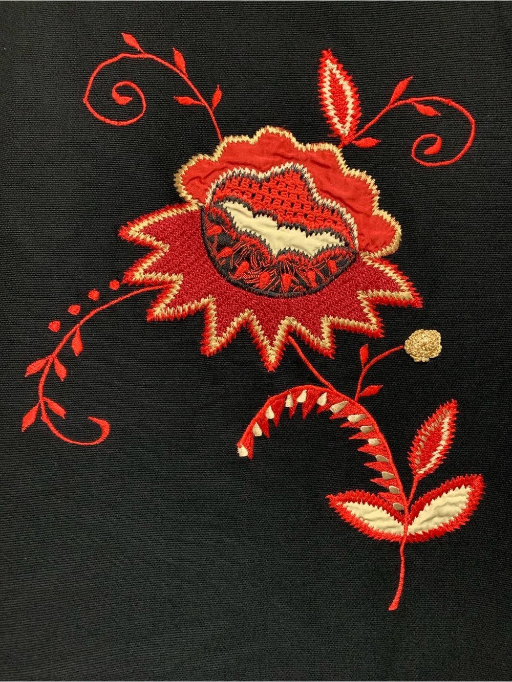 Indigo Moon Embroidered Folk Art Long Jacket Black Red Boho Statement Coat Large - Picture 8 of 8